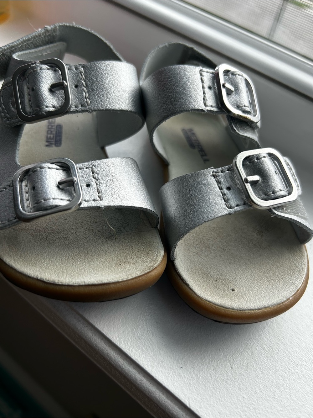 Merrell Kids Silver Double-Buckle Sandals with Tan Sole